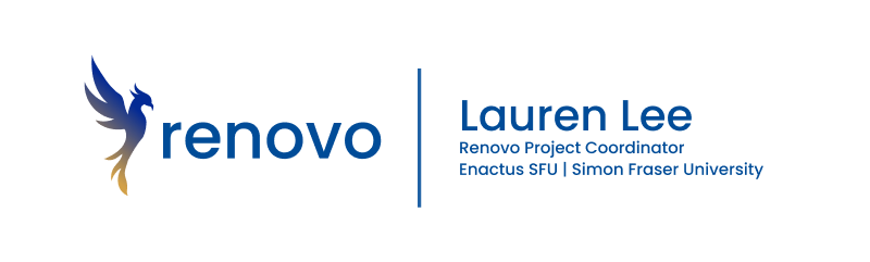 Renovo logo with a blue-and-gold phoenix beside the text ‘Renovo | Lauren Lee, Renovo Project Coordinator, Enactus SFU | Simon Fraser University.